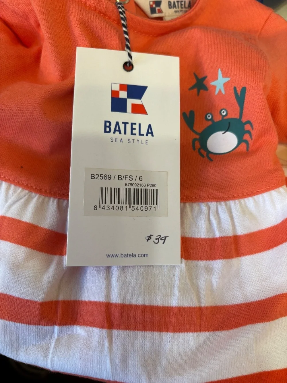 Batela Baby Dress with a Crab Embellishment and a Striped Dress 6M